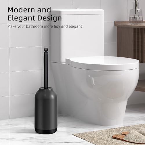 Image of HAMITOR Toilet Bowl Brush Holder Set: Bathroom Deep Cleaning Toilet Cleaner Scrubber Under Rim with Curved Bristle for Dead Corner Clean - Hidden Rv Toilet Decorative Accessories with Caddy- Black