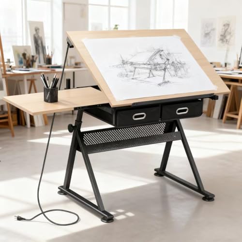 image for ZENY Adjustable Drafting Table with Stool, Tilting Drawing Desk Artist