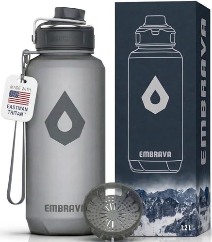 Image of Embrava Sports Water Bottle (40oz, Gray) Carry Ring - Fast Flow Wide Mouth