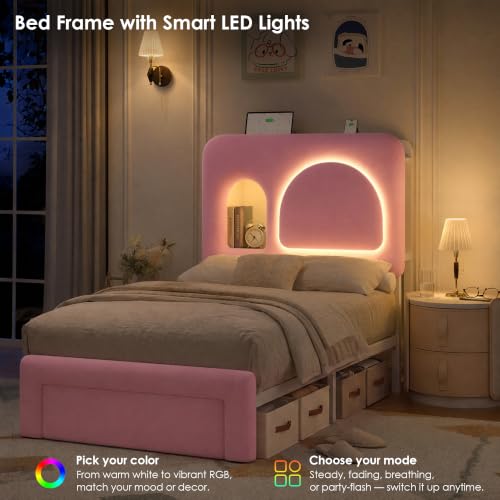 Image of Twin Bed Frame for Girls with Storage Headboard & Charging Station, Pink