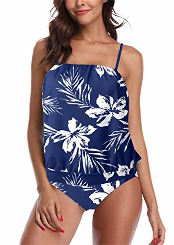 Chenghe Women's Bandeau Blouson Tankini Top High Waisted Moderate Bottom Two Piece Swimsuits Bathing Suits Blue Flower Us Size Xl #TOP6