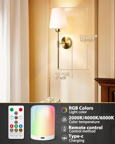 Image of Adetu Battery Operated Wall Sconce Set of 2, Gold Wireless Battery Wall Lights