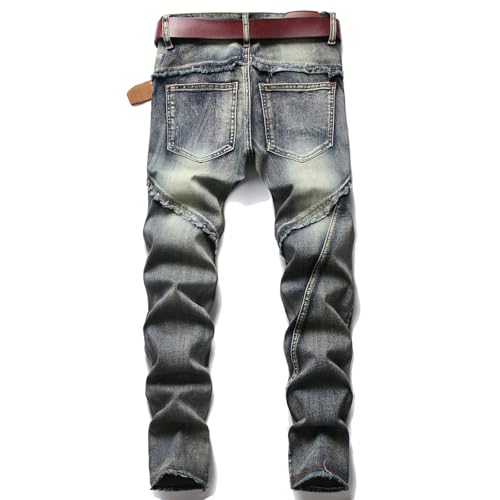 Men's Vintage Ripped Jeans (Without Belt) Patchwork Straight Leg Skinny Fit Biker Denim Pants3