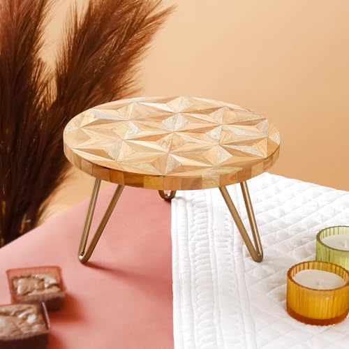 Image of CASADECOR Wooden Geometrical Forest Decorative Pizza Pastry Cake Stand Pack of 1 (Gold, Diameter-10 Inch)