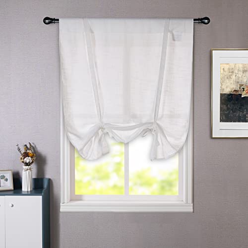 Driftaway Solid Color Faux Linen Slub Sheer Voile Tie Up Decorative Linen Curtains Adjustable Balloon Rod Pocket Window Curtains For Small Window 25 Inch By 47 Inch White #TOP17