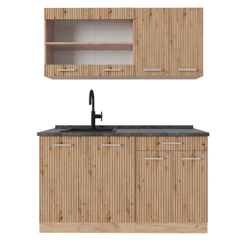 Vicco Singleküche R-Line, Artisan-Eiche/Goldkraft Eiche, 140 cm, AP Anthrazit, geeignet für freistehende oder wandnahe Montage