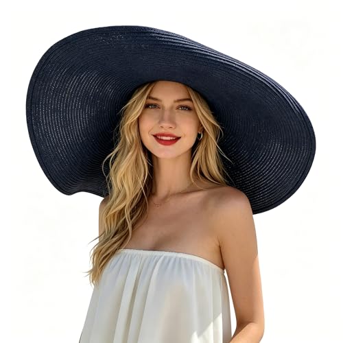 Oversized Beach Straw Hats for Women Extra Large Wide Brim Beach Hat Foldable Roll up Floppy Sun Hat Summer UV Protection (Blue)