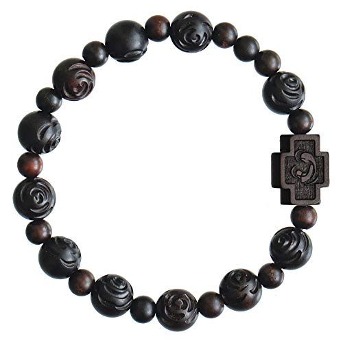 Sine Cera Dark Jujube Wood 1 Decade Catholic Rosary Bracelet, Rose Cut 10mm Beads2