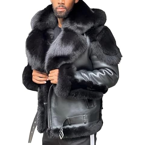 QOAAIE Men's Sherpa Leather Hooded Coat Faux Fur Hoodies Collar Thicken Outwear Winter Plush Warm Cozy Hoodie Pu Jacket (Black,3X-Large) Cover