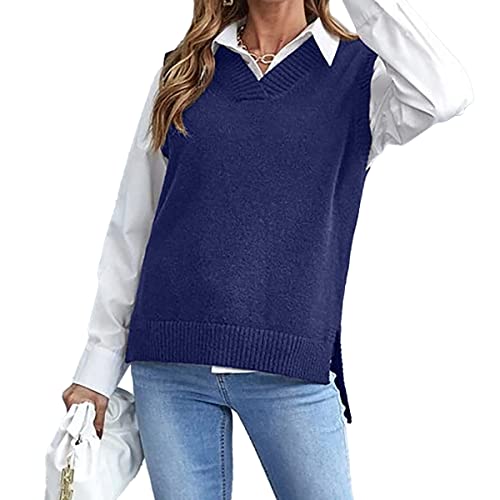MODFUL - MODFUL Pull en tricot sans manches avec col en V pour femme - Gilet classique chunky - Veste en maille, bleu, L