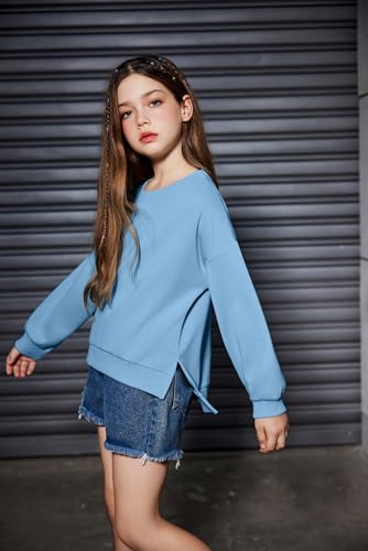 Arshiner Mädchen Sweatshirt Basic Ultrabequem Herbst Winter Rundhals Pullover Einfarbiges Freizeit Sport Mode Langarmshirts für Kinder 7-8 Jahre Blau