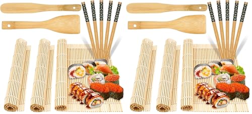 sebudion 10 Stück Sushi Set, wiederverwendbares Sushi Maker Set,enthält 3 Bambusmatte Roller, 5 Paar Essstäbchen, Messer und Reislöffel, für Anfänger und Profis (Packung mit 2)