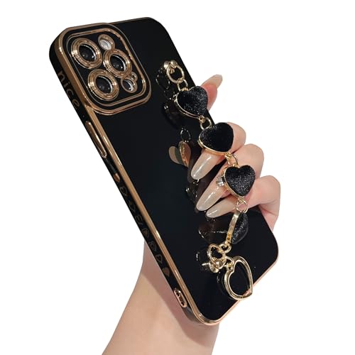 Coque iPhone 12 Pro Max noire Caseative avec chaîne bracelet de poignet cœur plaqué