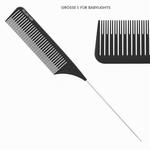 Foto von Vellen Hair Strähnenkamm Set, hitzebeständig aus PEI-Material 220 °C, Professionelle Strähnchenkämme für Balayage, Stielkamm – 5 Größen (Schwarz)