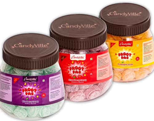 Image of CandyVille FrootFab Jars Combo Pack (1.2KG) | Each of Strawberry, Blueberry and Pineapple Candy Jars | Fruit Flavoured Candy