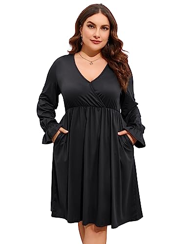 Image of ShopWonder Plus Size Dress Women's V Neck A-Line Knee Length Wrap Swing Dresses Plus Size A Line Party Mini Dress