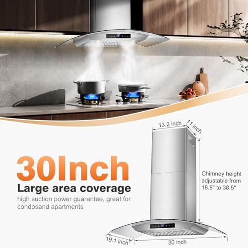 30 Inch Wall Mount Range Hood 1200CFM, 4-Speed Wall Mount Range Hood with Touch Control & Gesture Sensing Stainless Steel Kitchen Stove Vent Hoods with 2 LED Lights Pro Series