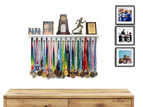 Image of 3ft Medal Hanger Display for Wall - Trophy Shelf with Hooks for Medals - 36 inch Solid Wood - Holds 30+ Medals + Cased Medals for Running, Gymnastics, Cheer, Karate - White- Medal Awards Rack