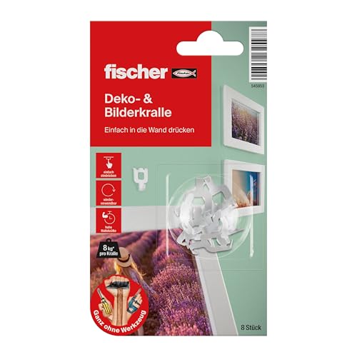 fischer Bilderkralle, Bilderhaken in Weiß, Montage ohne Bohren & Werkzeug, der bessere Nagel, Wandhaken zur Befestigung von Bildern, Deko, Uhren, uvm., 8 Stück