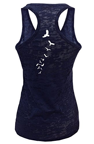 Tough Cookie Clothing Tank Top – Women’s Workout Active Yoga Burnout Racerback Sleeveless Birds Print Back Casual T Shirt Tee Navy L