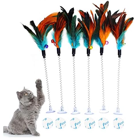 IUHKBH Cat Feather Wands, 6 PCS Spring Cat Wands with Bell Sucker Interactive Cat Teaser Wands for Cat and Kitten Cover