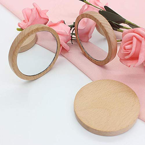 Lurrose 4pcs Runden Spiegel aus Holz Taschenspiegel Kleinen Kompakten Spiegel für Geldbörsen (7.5 cm)