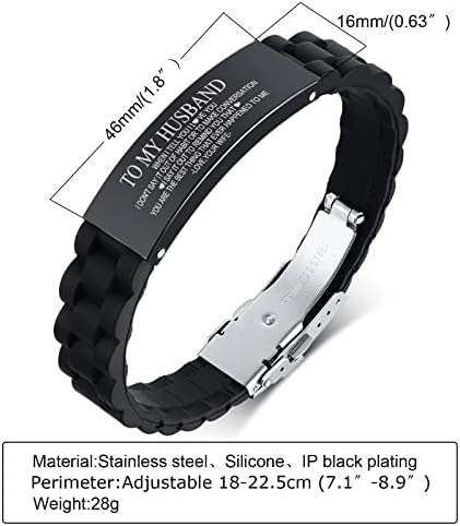 Customised To My Husband Black Stainless Steel Silicone Wristband Love Quote Engraved Bracelets for him Gift from Wife for Birthday Anniversary Christmas Valentine's Day Adjustable Free Engraving
