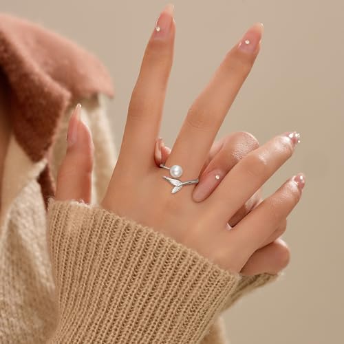 925 Sterling Silver Pearl Mermerid Tail Rings for Women Cute Adjustable Fish Whale Tail Stackable Ring Open Ocean Animals Statement Promise Ring Summer Birthday Jewelry Gifts to Daughter3