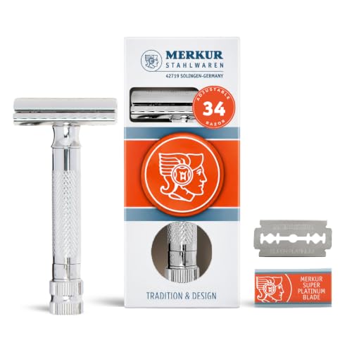 Image of MERKUR 34 Adjustable 2-Piece Double-Edge Safety Razor for Men in Bright Chrome with Standard Handle and Closed Comb - Adjustable Blade Gap, Made in Germany