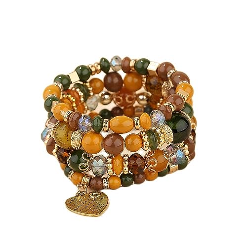 Stackable Beaded Bracelets for Women Multi-Layer Mixed Color Beaded Stretch Bracelet Crystal Stone Heart Letter Gold Charm Gemstone Bangles for Women Men Boho Summer Beach Jewelry-Color 2 by Pingyongchang - Used condition - US$6.30