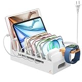Pezin & Hulin Bamboo Charging Station with Watch Stand, Docking Holder for Multi Device with 5 Port USB Charger HUB, 5 Charge Cables, Desktop Electronic Organizer for Cellphone, Tablet, Watch-White