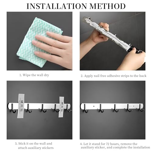 Godneei 2 Stück Hakenleiste Selbstklebend Starke Tragfähigkeit, Verdickter Edelstahl Hakenleiste Küche, Kleiderhaken Wand mit 5 Haken, Garderobenleiste für Eingang Küche Badezimmer