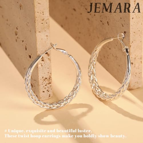 JEMARA Silver Hoop Earrings for Women Hypoallergenic 925 Sterling Silver Hoop Earrings Lightweight Large Thick Twisted Hoops 30MM - Thumbnail 5