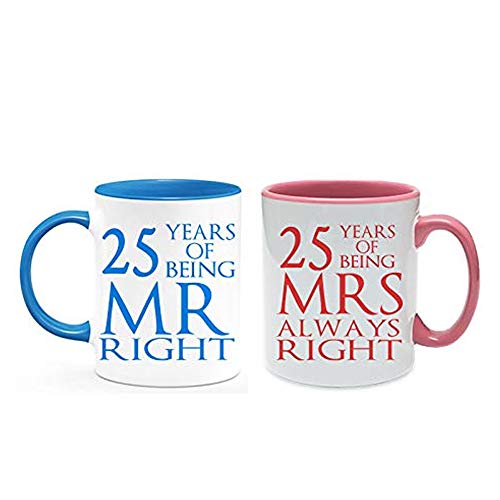 Image of Getagift Silver Anniversary 25 Years of Being Mr Right & Mrs Always Right Set of 2 Wedding, Valentines Day, Coloured Couple Mug Set. (25 Years)