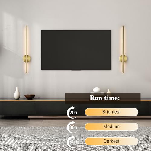 Image of Battery Operated Modern Wall Sconces, Dimmable Wireless Wall Light Set of Two with Remote Control, 3 Color Temperatures, Rechargeable LED Wall Sconce for Bedroom, Living Room, Hallway, 27.6 Inch Brass