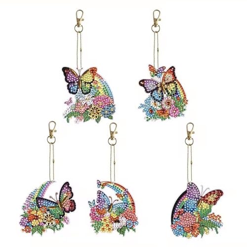 Amyaker ダイヤモンドアート キット 5個入 蝶々 DIY キーホルダー 5Dダイヤモンド塗装キット ダイアモンドビーズ キーホルダー 両面全貼り付け DIY手作り 財布 キーペンダント バッグ 装飾用