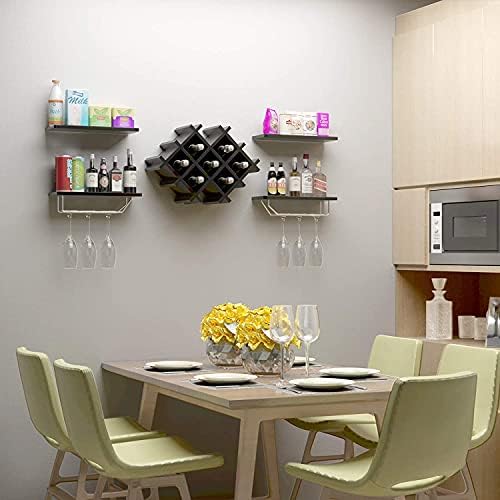 COSTWAY Wall Mounted Wine Rack with Floating Shelves, Champagne Glass Bottle Holder Bar Accessories Organiser Unit, Home Kitchen Dining Room Wine Storage Display Shelf (Black)