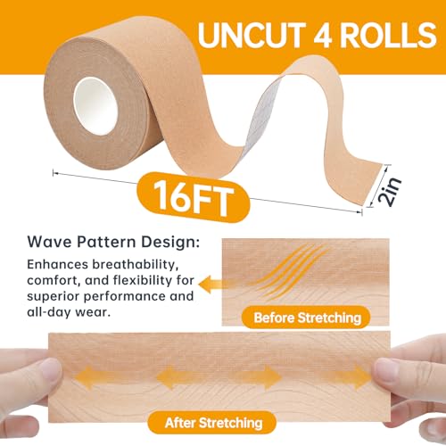 Dimora Uncut Kinesiology Tape, Original Cotton, 16\' Elastic Athletic Tape for Muscle Pain Relief and Joint Support, 4 Rolls, Beige - Thumbnail 3