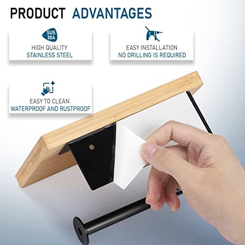 CLYMENE Toilet Roll Holder with Bamboo Shelf - Toilet Paper Holder Wall Mounted - Tissue Paper Dispenser Stainless Steel - Dual Installation Self Adhesive And Screw Drilling