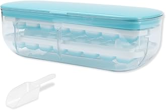 Ice Cube Tray, Ice Cube Moulds with Lid, Ice Tray with Storage Bin - Making 64 pcs Ice Cubes, Easy Press to Release Ice - 2 Trays 1 Ice Bucket & Scoop for Freezer, Cocktail, Whiskey, Coffee (Blue)