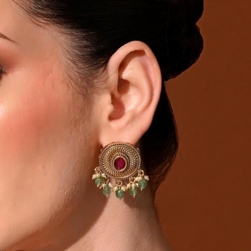 Image of Sayda JewelsGold Plated Antique Traditional Jhumka Earring Indian ethnic Temple design studs Chandbali Style Bridal, Wedding & Festive Jewellery For Women & Girls