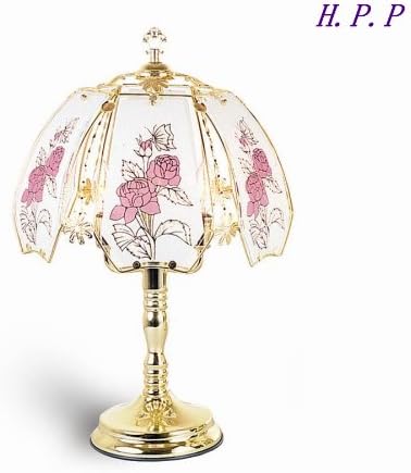 NEW Glass Pink Camelia Scene Touch Lamp 23.5'' H Gold Finish Base