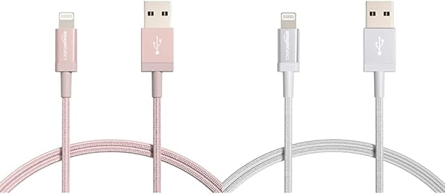 Amazon Basics Nylon Braided Lightning to USB A Cable - MFi Certified iPhone Charger, Rose Gold, 0.9 m & Nylon Braided Lightning to USB A Cable - MFi Certified iPhone Charger, Silver, 0.9 m
