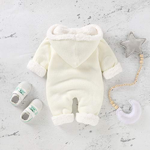 Newborn Baby Hooded Knitted Romper Fleece Sweater Warmer Snowsuit Jumpsuit Coveralls Onepiece Infant Winter Outerwear For Boys Girls White - 6