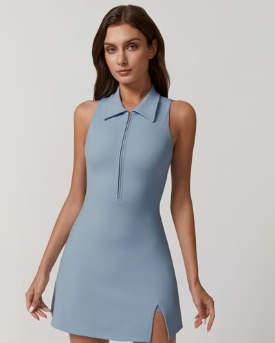 Image of QINSEN Womens Zip Front Tennis Dress Polo Collar Racer Back Workout Golf Dresses Build in Shorts with Pockets