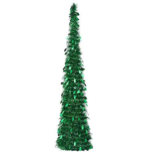 CCINEE 5FT Christmas Tinsel Tree Collapsible Stand Easy-Assembly Green Tinsel Xmas Tree for Holiday Party Home Office Store Classroon Decoration