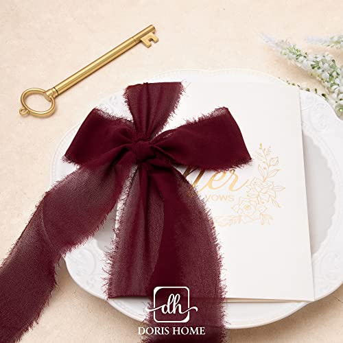 Doris Home 3 Rolls 2"X7Yd Fringe Chiffon Ribbon For Flower Bouquet, Handmade Burgundy & Pink Ribbon For Gift Wrapping, Frayed Edge Ribbon For Crafts, Decorating, Bouquet Wrap, Wedding Invitation #TOP3