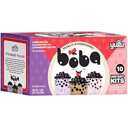 Boba Bundle Kit 10 Serv. Instant Bubble Pearl Variety Milk Tea Kit with Authentic Brown Sugar Tapioca Pearls by Yulu Foods - Ready in Under 1 Minute, Includes Paper Straws - Gift Box, Holiday (Classic, Taro and Strawberry)