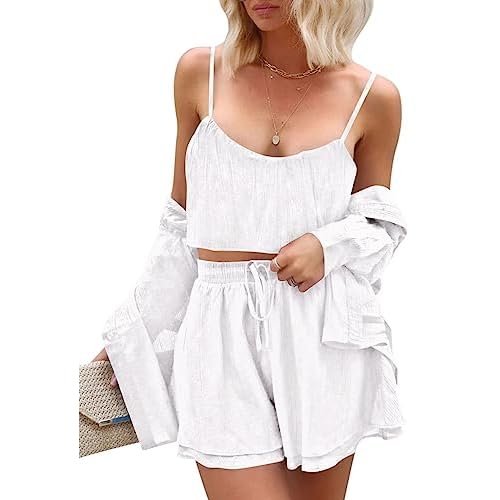 Pink Queen Womens Casual 3 Piece Outfits Long Sleeve Button Down Shirt Cropped Cami Top And Drawstring Shorts Sweatsuit Sets Small White