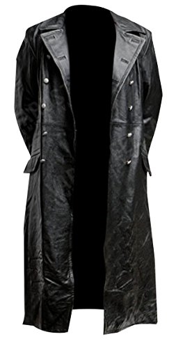 SpazeUp Mens Double Breasted Black Leather Trench Coat - Military Officer Uniform Vintage Black Jacket Coat Men2